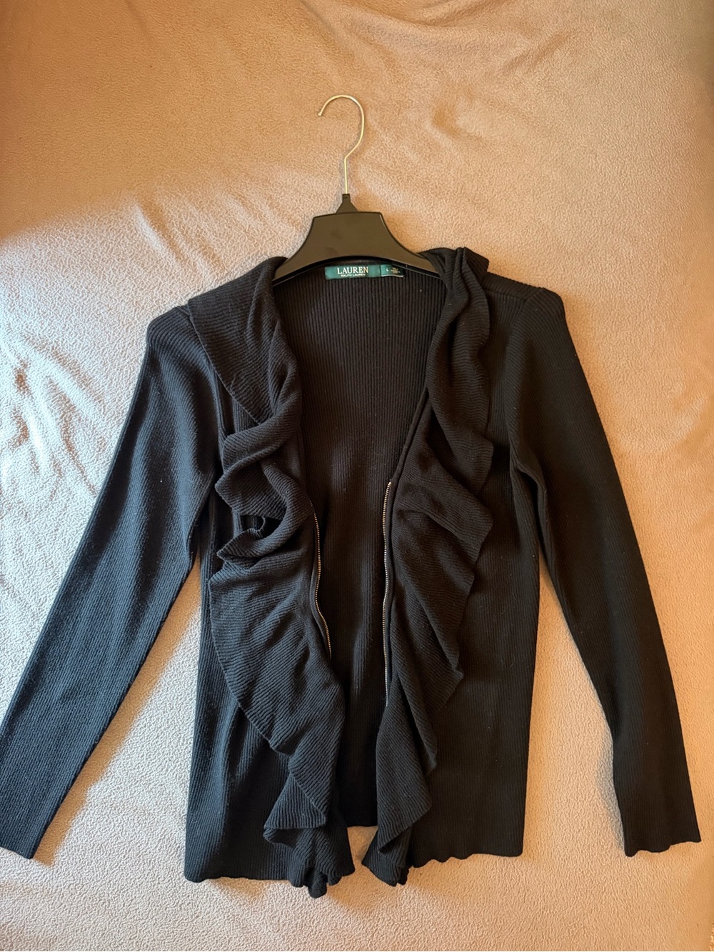 Ralph Lauren Black Ruffle Open-Front Cardigan Sweater with zipper